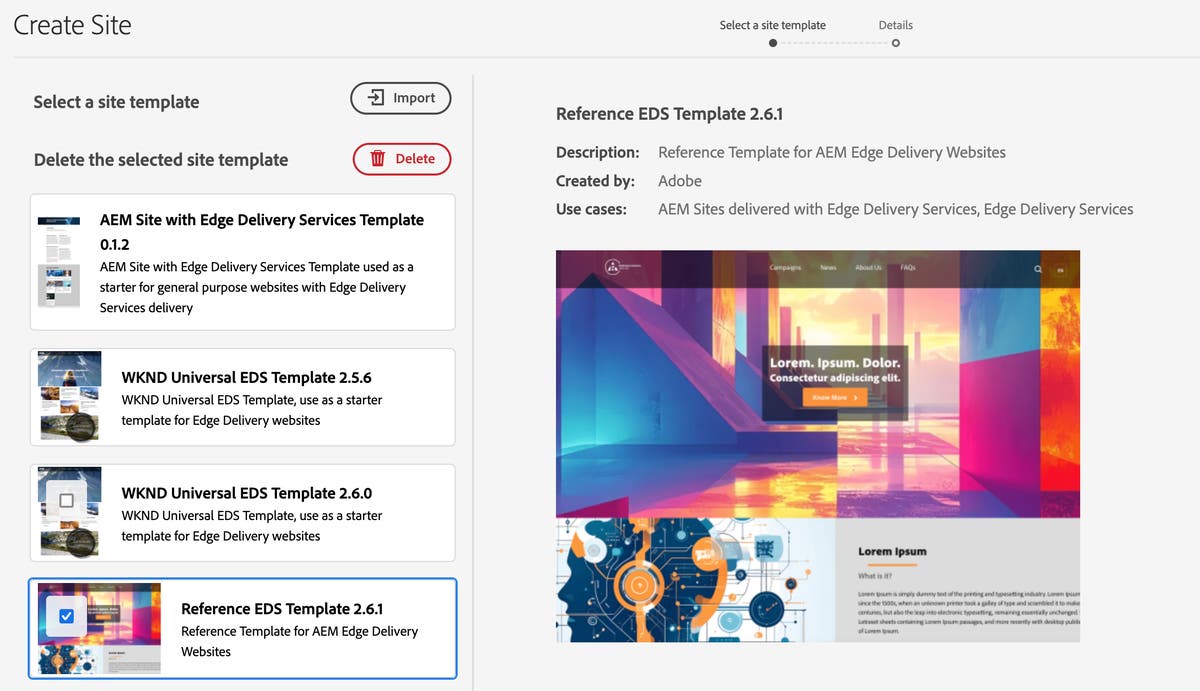 Create Site from Template